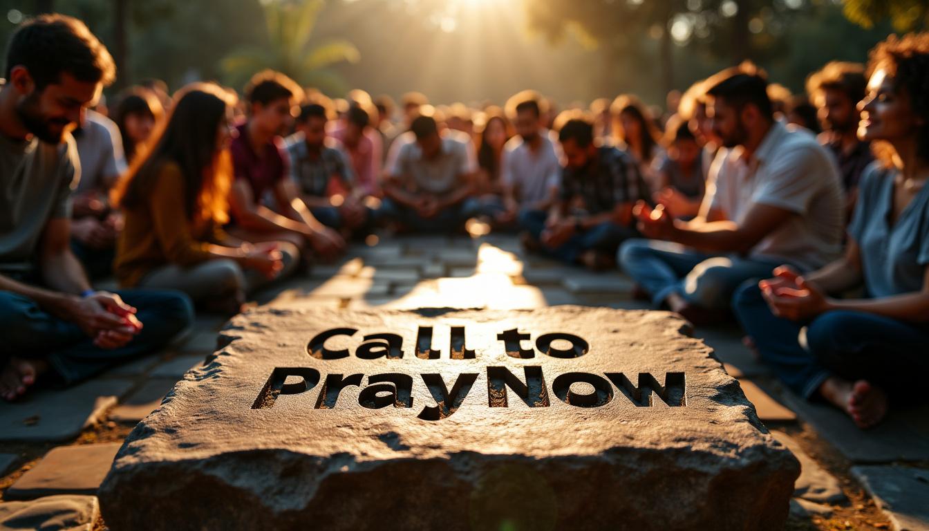 Group of people in prayer around a stone that says "Call to Pray Now"